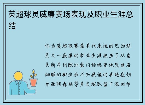英超球员威廉赛场表现及职业生涯总结